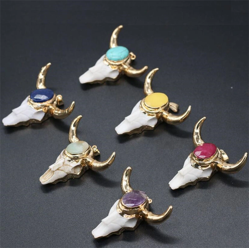 Fine Beef Bone Pendant Bull Head Shape Crystal Bud Making for Women Jewelry DIY Necklace Accessories Healing Gift